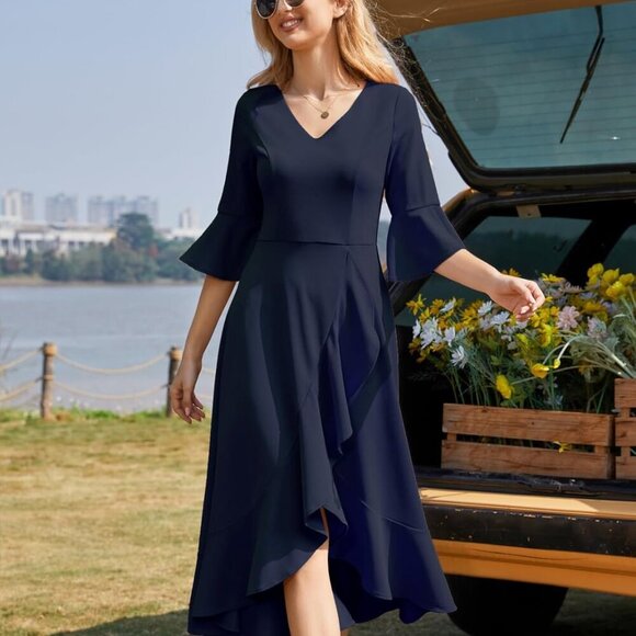 Women's Wedding Guest Dress Elegant Formal Cocktail Bell Sleeve Dress for Prom H - Picture 4 of 7